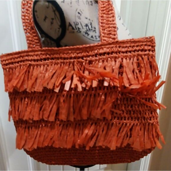 The Last Straw Fringe Straw Tote Bag in Burnt Orange - Picture 3 of 6